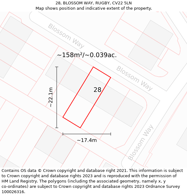 28, BLOSSOM WAY, RUGBY, CV22 5LN: Plot and title map