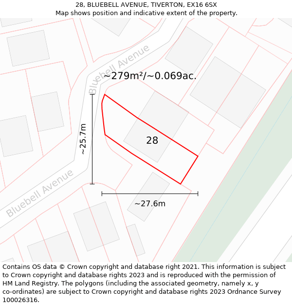 28, BLUEBELL AVENUE, TIVERTON, EX16 6SX: Plot and title map