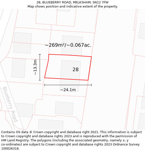 28, BLUEBERRY ROAD, MELKSHAM, SN12 7FW: Plot and title map