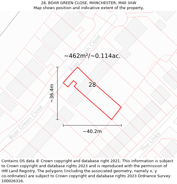 28, BOAR GREEN CLOSE, MANCHESTER, M40 3AW: Plot and title map