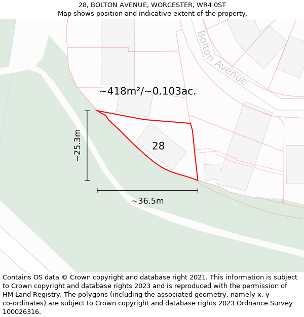 28, BOLTON AVENUE, WORCESTER, WR4 0ST: Plot and title map