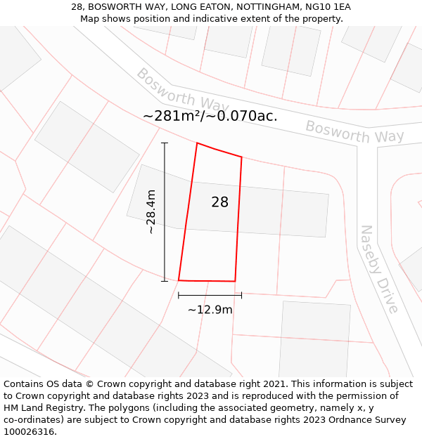 28, BOSWORTH WAY, LONG EATON, NOTTINGHAM, NG10 1EA: Plot and title map