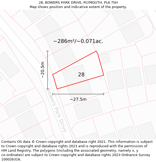 28, BOWERS PARK DRIVE, PLYMOUTH, PL6 7SH: Plot and title map