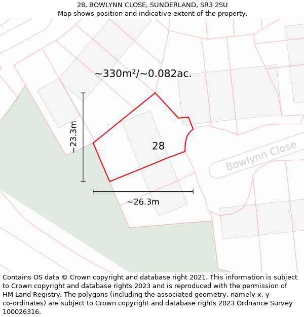 28, BOWLYNN CLOSE, SUNDERLAND, SR3 2SU: Plot and title map