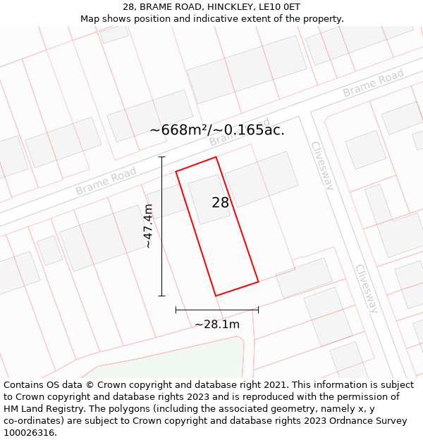 28, BRAME ROAD, HINCKLEY, LE10 0ET: Plot and title map