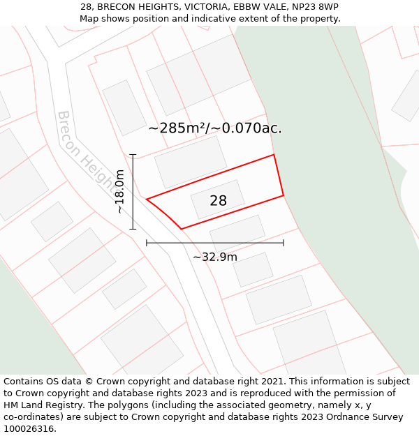 28, BRECON HEIGHTS, VICTORIA, EBBW VALE, NP23 8WP: Plot and title map