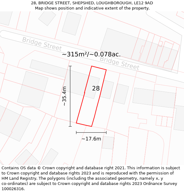 28, BRIDGE STREET, SHEPSHED, LOUGHBOROUGH, LE12 9AD: Plot and title map