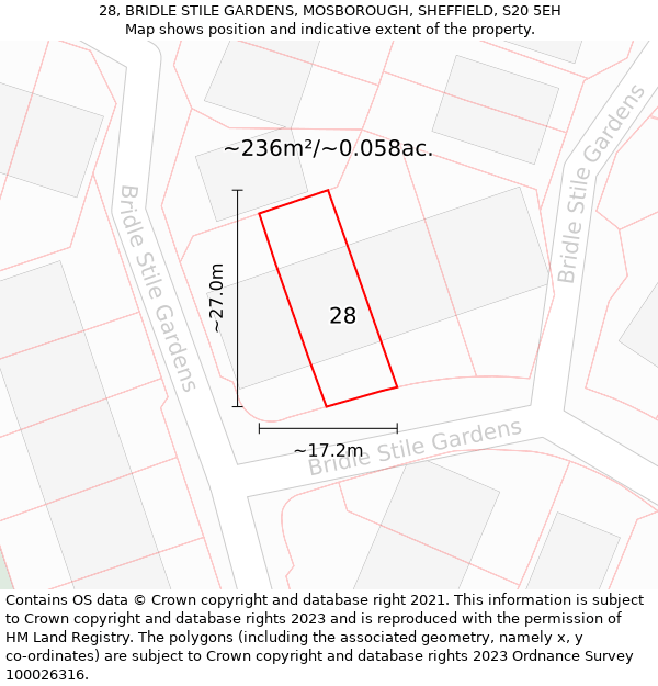 28, BRIDLE STILE GARDENS, MOSBOROUGH, SHEFFIELD, S20 5EH: Plot and title map