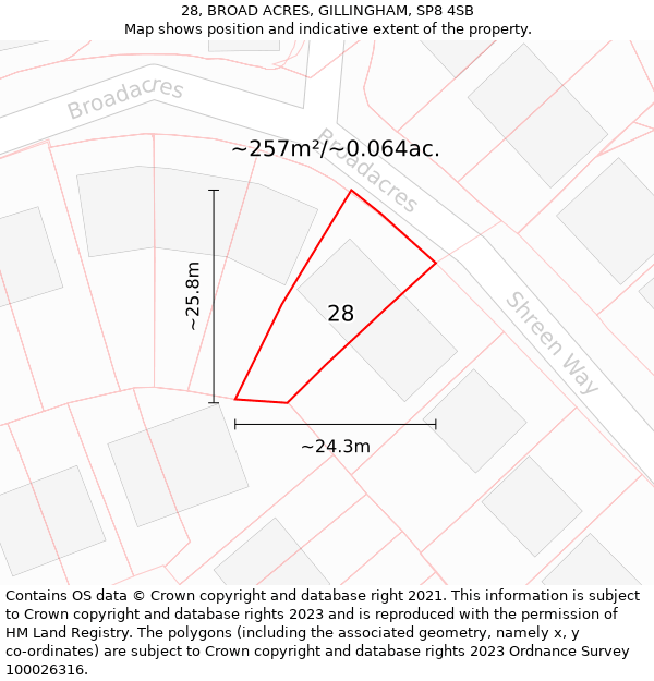 28, BROAD ACRES, GILLINGHAM, SP8 4SB: Plot and title map