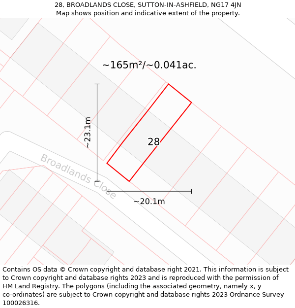 28, BROADLANDS CLOSE, SUTTON-IN-ASHFIELD, NG17 4JN: Plot and title map