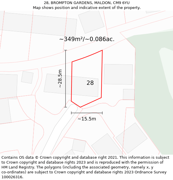 28, BROMPTON GARDENS, MALDON, CM9 6YU: Plot and title map