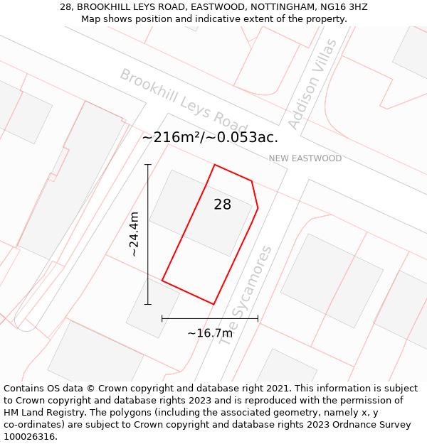 28, BROOKHILL LEYS ROAD, EASTWOOD, NOTTINGHAM, NG16 3HZ: Plot and title map