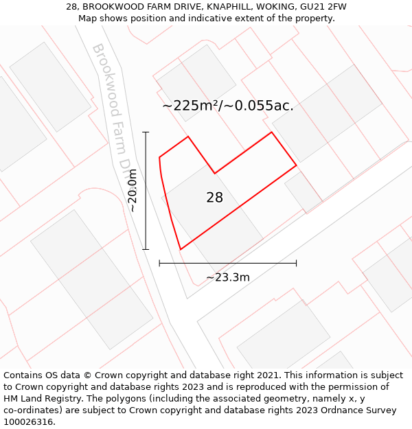 28, BROOKWOOD FARM DRIVE, KNAPHILL, WOKING, GU21 2FW: Plot and title map