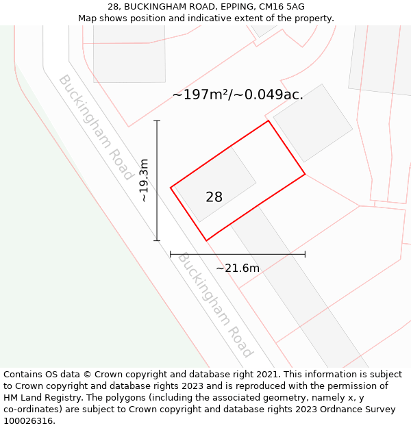 28, BUCKINGHAM ROAD, EPPING, CM16 5AG: Plot and title map