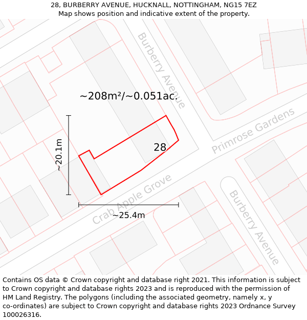 28, BURBERRY AVENUE, HUCKNALL, NOTTINGHAM, NG15 7EZ: Plot and title map