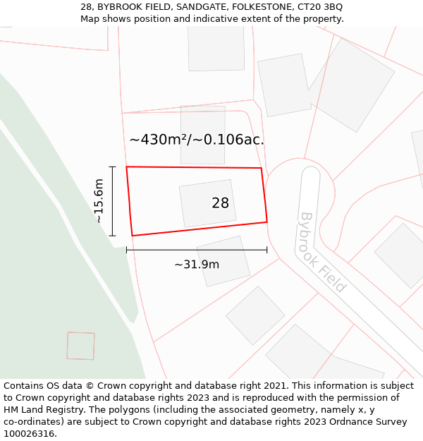 28, BYBROOK FIELD, SANDGATE, FOLKESTONE, CT20 3BQ: Plot and title map