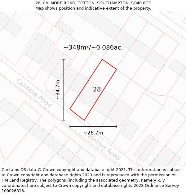 28, CALMORE ROAD, TOTTON, SOUTHAMPTON, SO40 8GF: Plot and title map