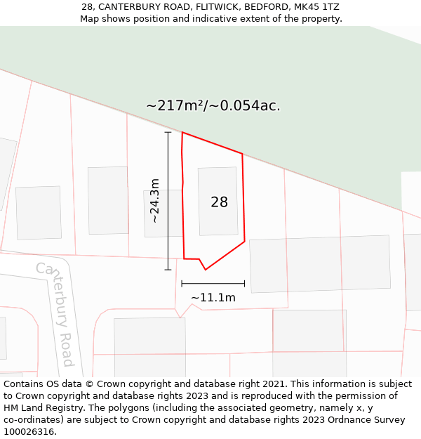 28, CANTERBURY ROAD, FLITWICK, BEDFORD, MK45 1TZ: Plot and title map