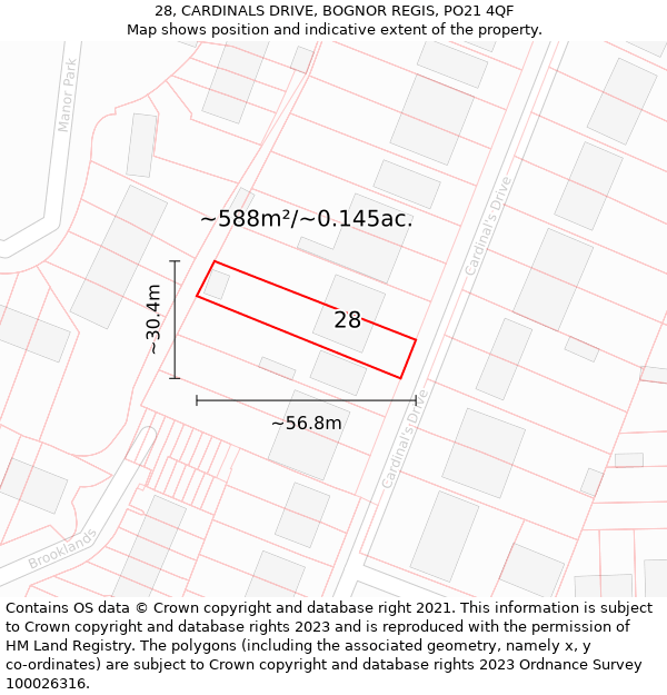 28, CARDINALS DRIVE, BOGNOR REGIS, PO21 4QF: Plot and title map