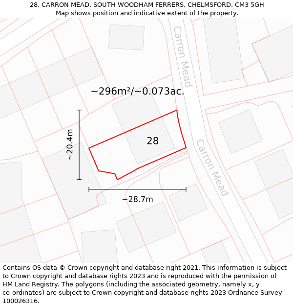 28, CARRON MEAD, SOUTH WOODHAM FERRERS, CHELMSFORD, CM3 5GH: Plot and title map