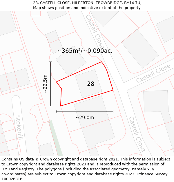 28, CASTELL CLOSE, HILPERTON, TROWBRIDGE, BA14 7UJ: Plot and title map