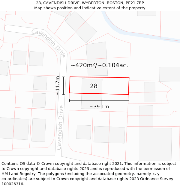 28, CAVENDISH DRIVE, WYBERTON, BOSTON, PE21 7BP: Plot and title map