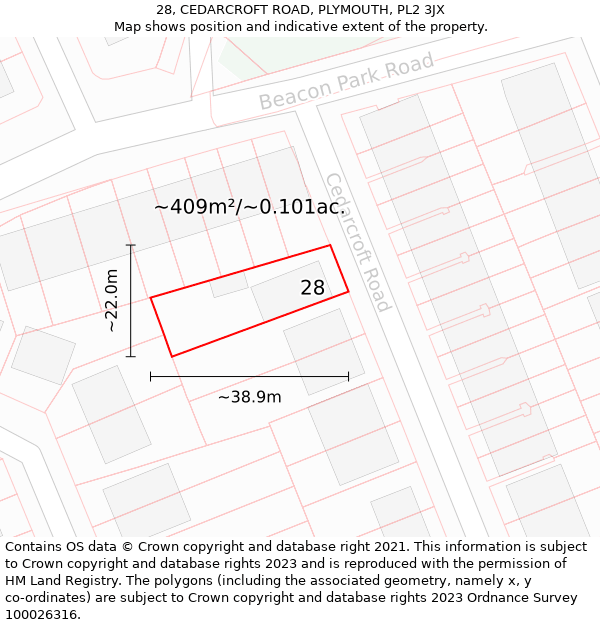 28, CEDARCROFT ROAD, PLYMOUTH, PL2 3JX: Plot and title map