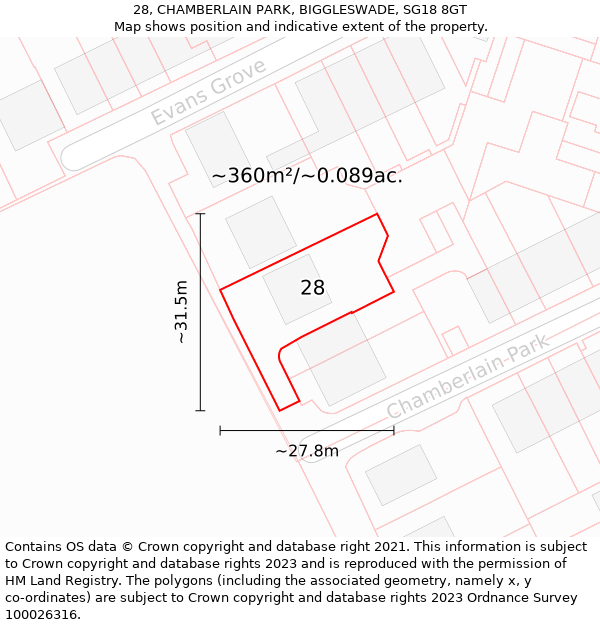 28, CHAMBERLAIN PARK, BIGGLESWADE, SG18 8GT: Plot and title map