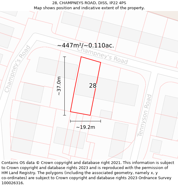 28, CHAMPNEYS ROAD, DISS, IP22 4PS: Plot and title map