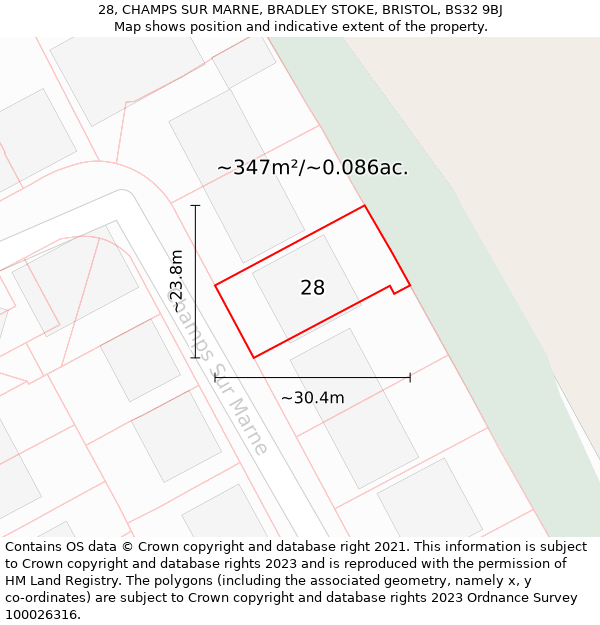 28, CHAMPS SUR MARNE, BRADLEY STOKE, BRISTOL, BS32 9BJ: Plot and title map