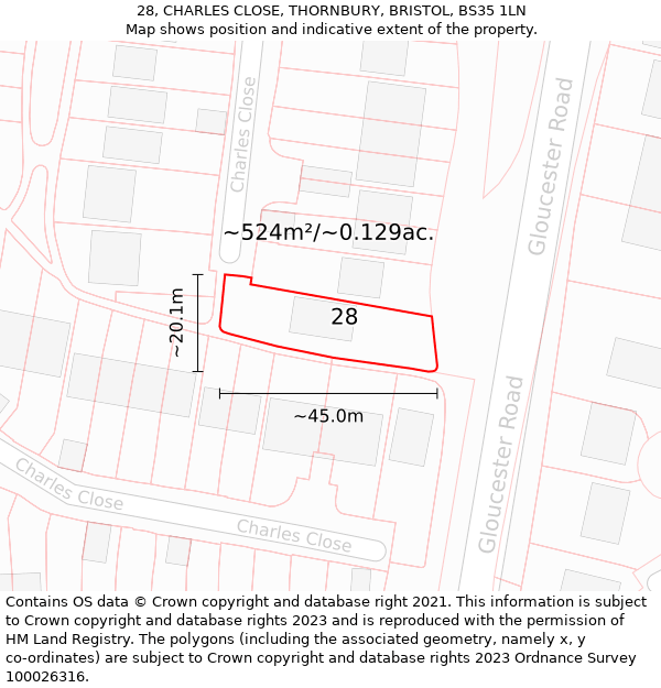 28, CHARLES CLOSE, THORNBURY, BRISTOL, BS35 1LN: Plot and title map