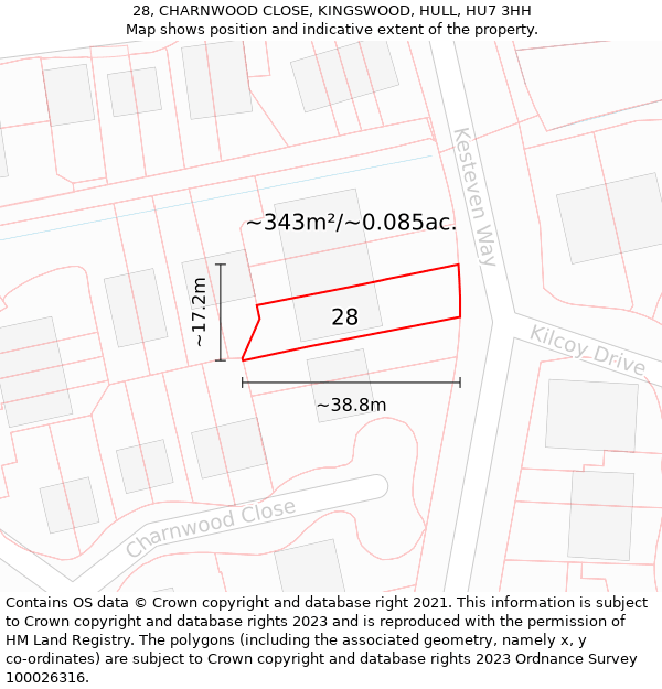 28, CHARNWOOD CLOSE, KINGSWOOD, HULL, HU7 3HH: Plot and title map