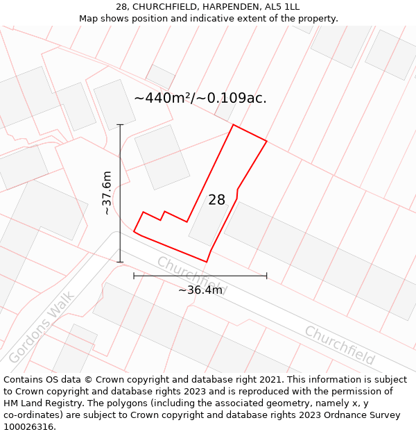 28, CHURCHFIELD, HARPENDEN, AL5 1LL: Plot and title map