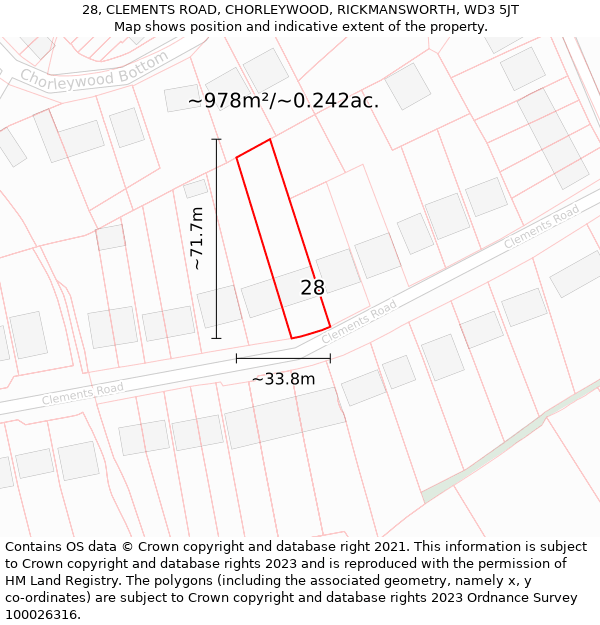 28, CLEMENTS ROAD, CHORLEYWOOD, RICKMANSWORTH, WD3 5JT: Plot and title map