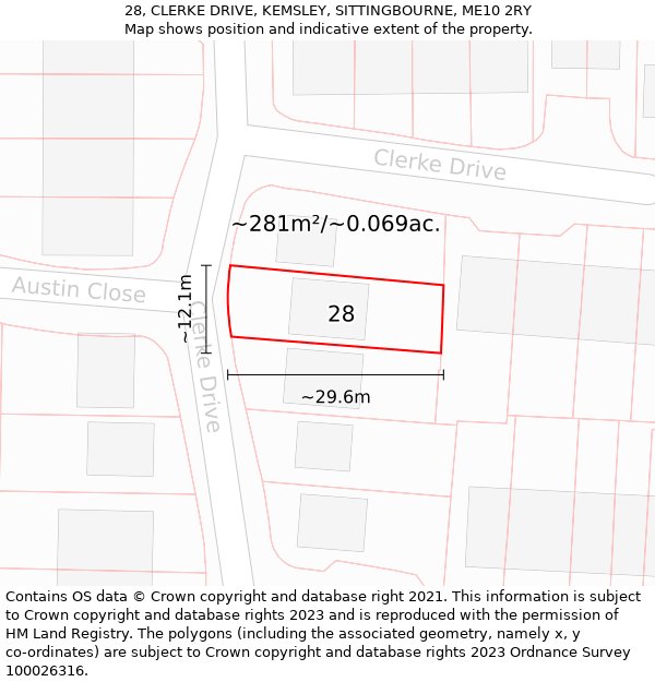 28, CLERKE DRIVE, KEMSLEY, SITTINGBOURNE, ME10 2RY: Plot and title map