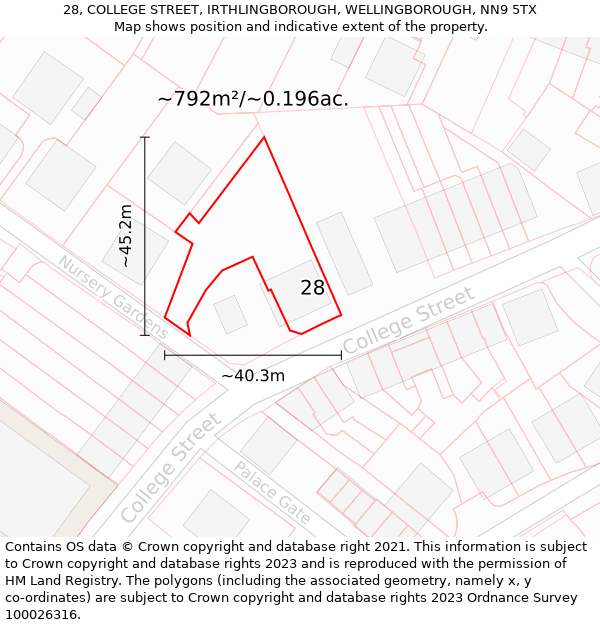 28, COLLEGE STREET, IRTHLINGBOROUGH, WELLINGBOROUGH, NN9 5TX: Plot and title map