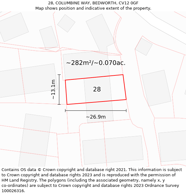 28, COLUMBINE WAY, BEDWORTH, CV12 0GF: Plot and title map