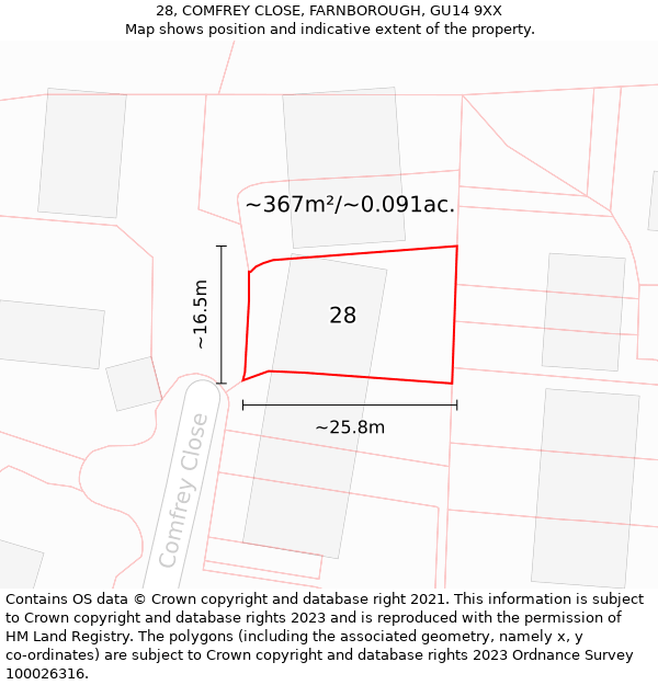 28, COMFREY CLOSE, FARNBOROUGH, GU14 9XX: Plot and title map