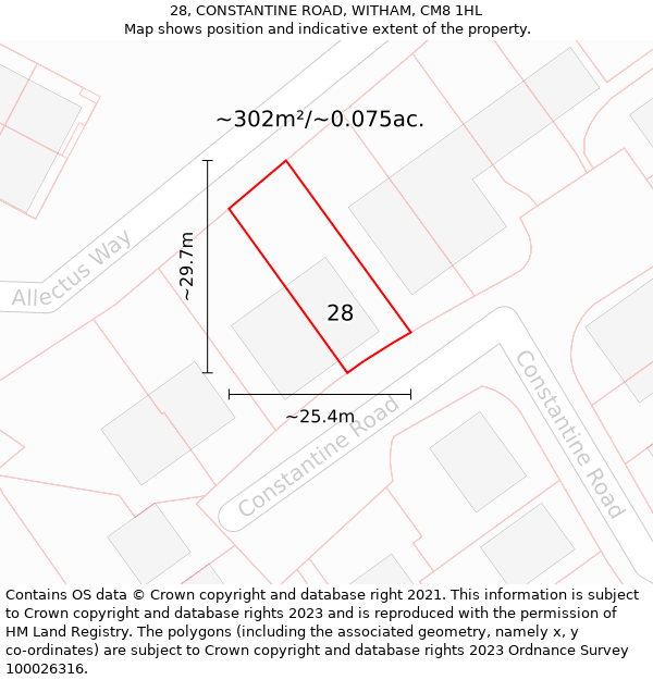 28, CONSTANTINE ROAD, WITHAM, CM8 1HL: Plot and title map