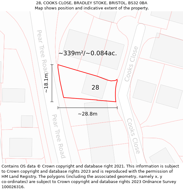 28, COOKS CLOSE, BRADLEY STOKE, BRISTOL, BS32 0BA: Plot and title map