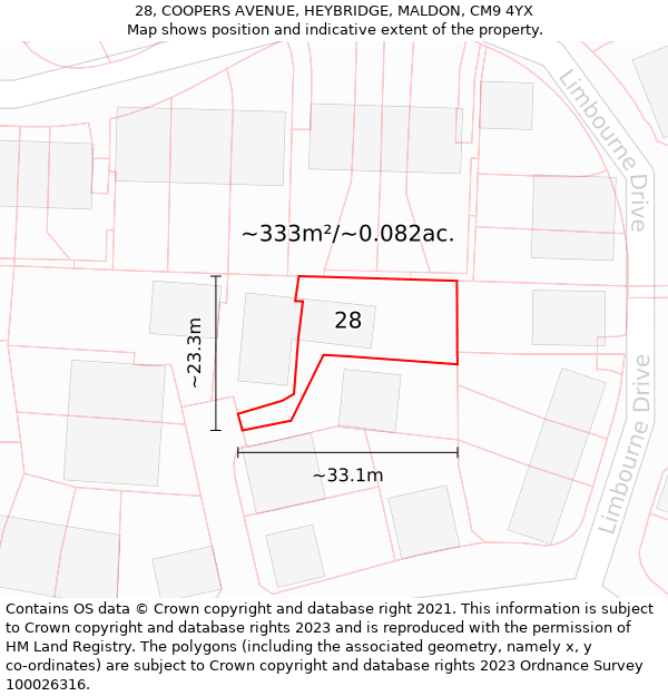 28, COOPERS AVENUE, HEYBRIDGE, MALDON, CM9 4YX: Plot and title map