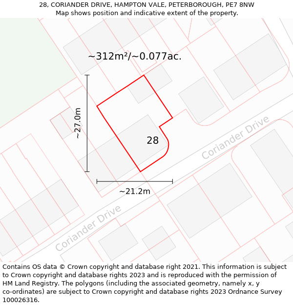 28, CORIANDER DRIVE, HAMPTON VALE, PETERBOROUGH, PE7 8NW: Plot and title map