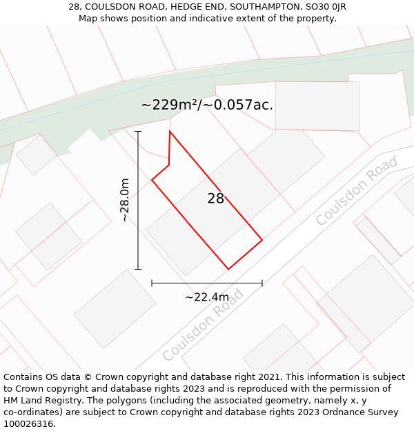28, COULSDON ROAD, HEDGE END, SOUTHAMPTON, SO30 0JR: Plot and title map