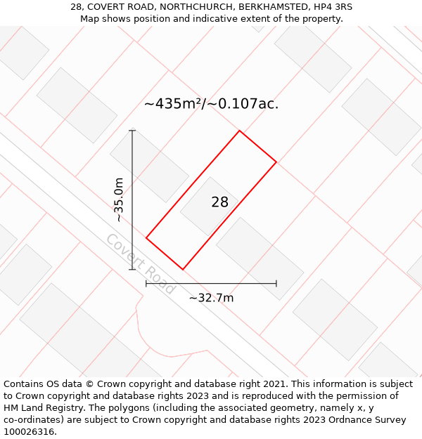 28, COVERT ROAD, NORTHCHURCH, BERKHAMSTED, HP4 3RS: Plot and title map