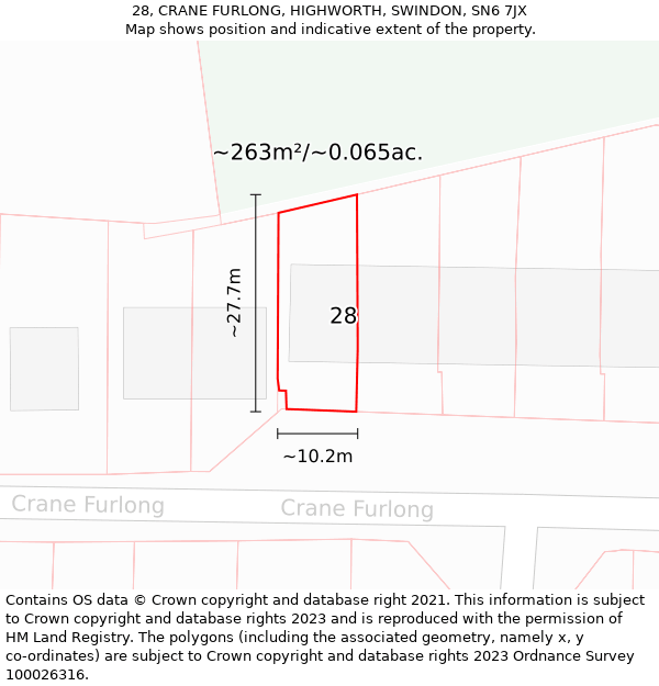 28, CRANE FURLONG, HIGHWORTH, SWINDON, SN6 7JX: Plot and title map