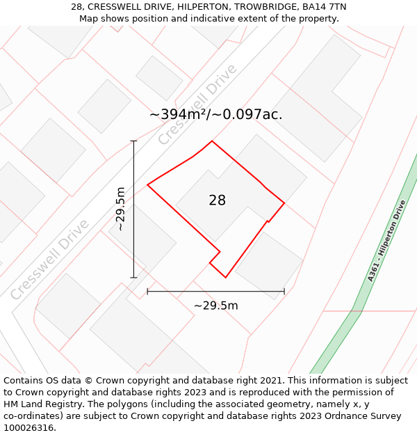 28, CRESSWELL DRIVE, HILPERTON, TROWBRIDGE, BA14 7TN: Plot and title map