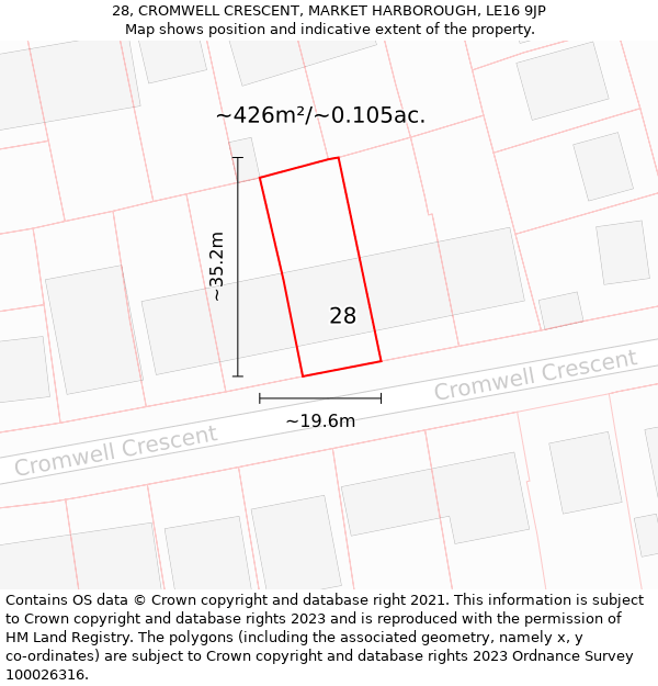 28, CROMWELL CRESCENT, MARKET HARBOROUGH, LE16 9JP: Plot and title map