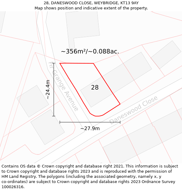 28, DANESWOOD CLOSE, WEYBRIDGE, KT13 9AY: Plot and title map