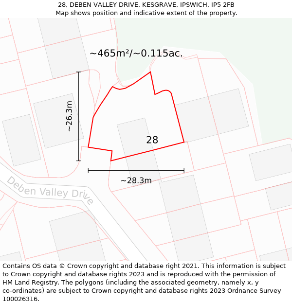 28, DEBEN VALLEY DRIVE, KESGRAVE, IPSWICH, IP5 2FB: Plot and title map