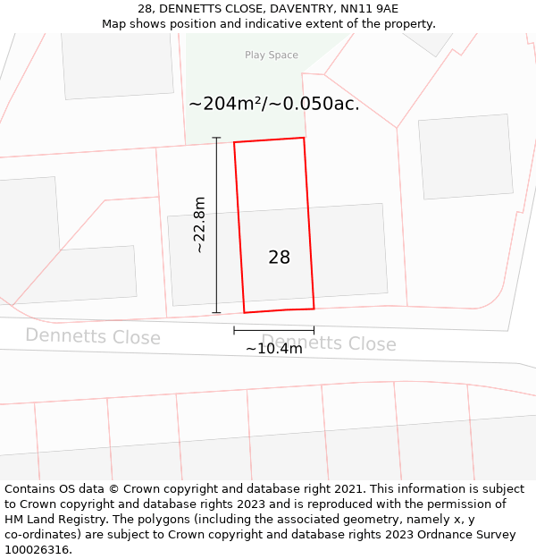 28, DENNETTS CLOSE, DAVENTRY, NN11 9AE: Plot and title map